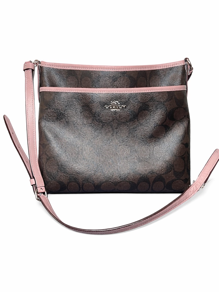 Coach Signature Monogram Crossbody Bag Brown Pink Trim Adjustable Strap Purse